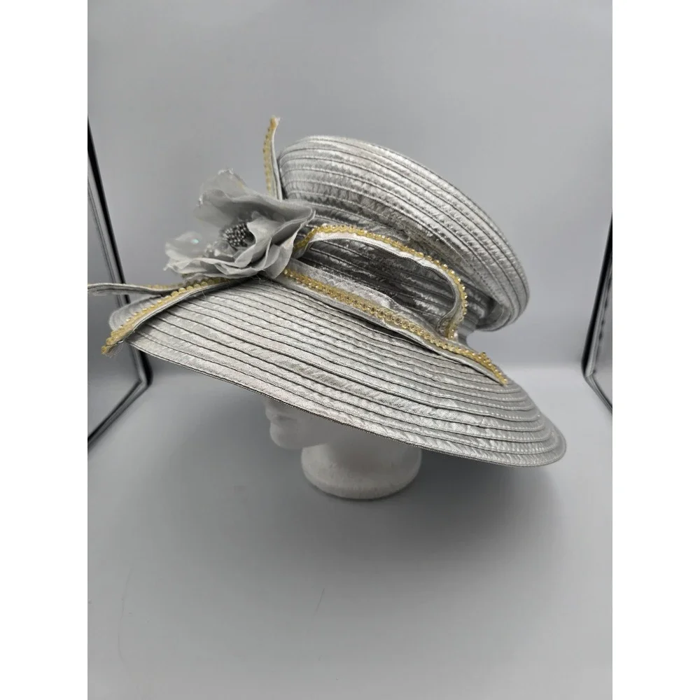 Unbranded Wide Brim Church Hat Women One‎ Size Silver Good Floral Sequin Trim
